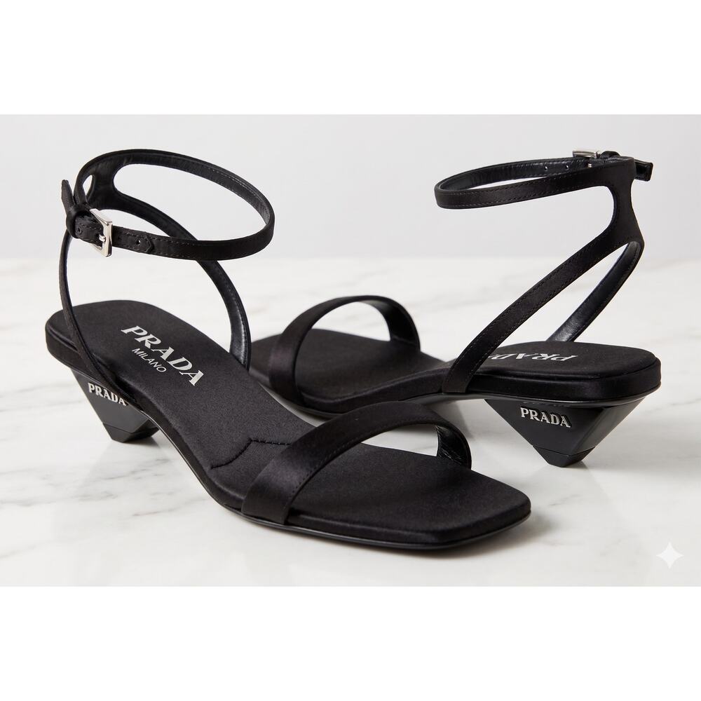 New Prada Black Sandals Women Satin Logo Low Triangle Heel Size 37.5 Shoes